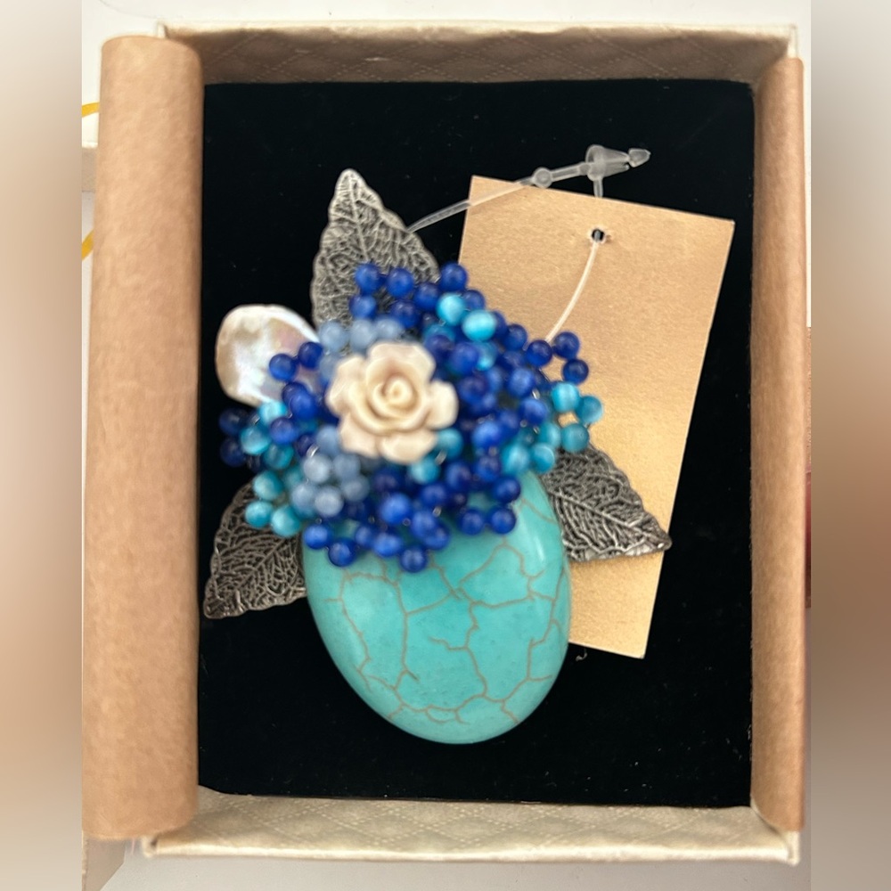 Brand New Handmade Turquoise & Crystal Pendant/Brooch